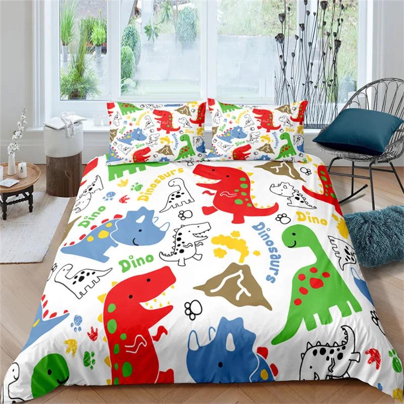 Cute Cartoon Dinosaur Duvet Cover For Boy Girl 2/3Pcs Kawaii Animal Dinosaur Print Bedding Set Twin Queen Microfiber Quilt Cover