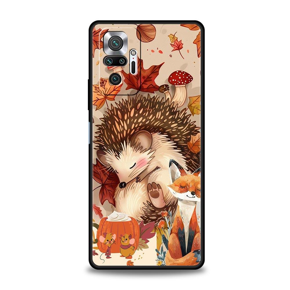 Autumn Cute Hedgehog Design Phone Case For Xiaomi Redmi Note 14 13 5G 10 11 12 Pro Plus 4G 14C 13C 12C 10C Black Cover