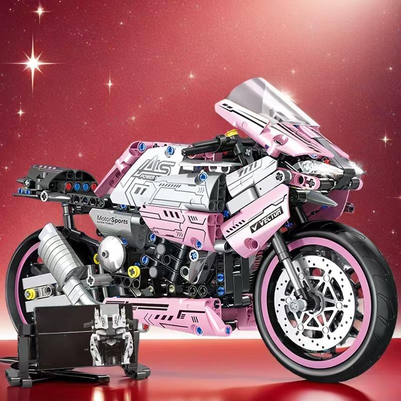 Non-Toxic 1860 Pieces Of Building Blocks Pink Motorcycles Super Cool Futuristic Style Technological Design Easy To Assemble And Operate