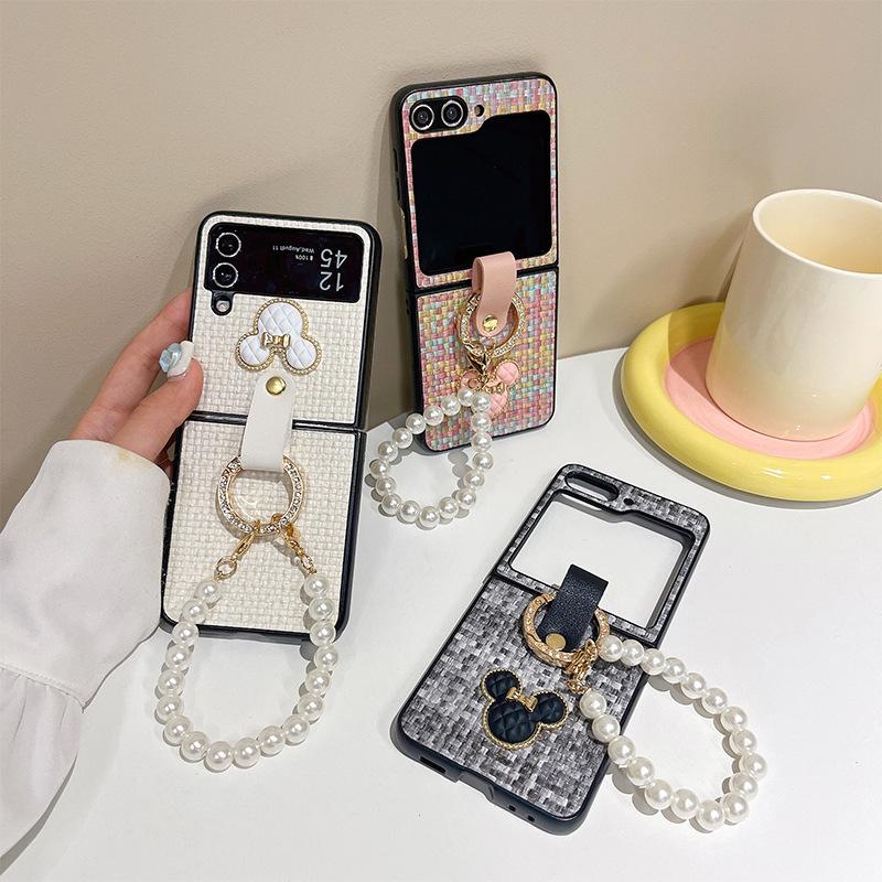 Woven Pattern Flip Phone Case for Samsung Zflip5 Folding Screen Pearl Hand Chain Xflip Rhinestone 4 Ring