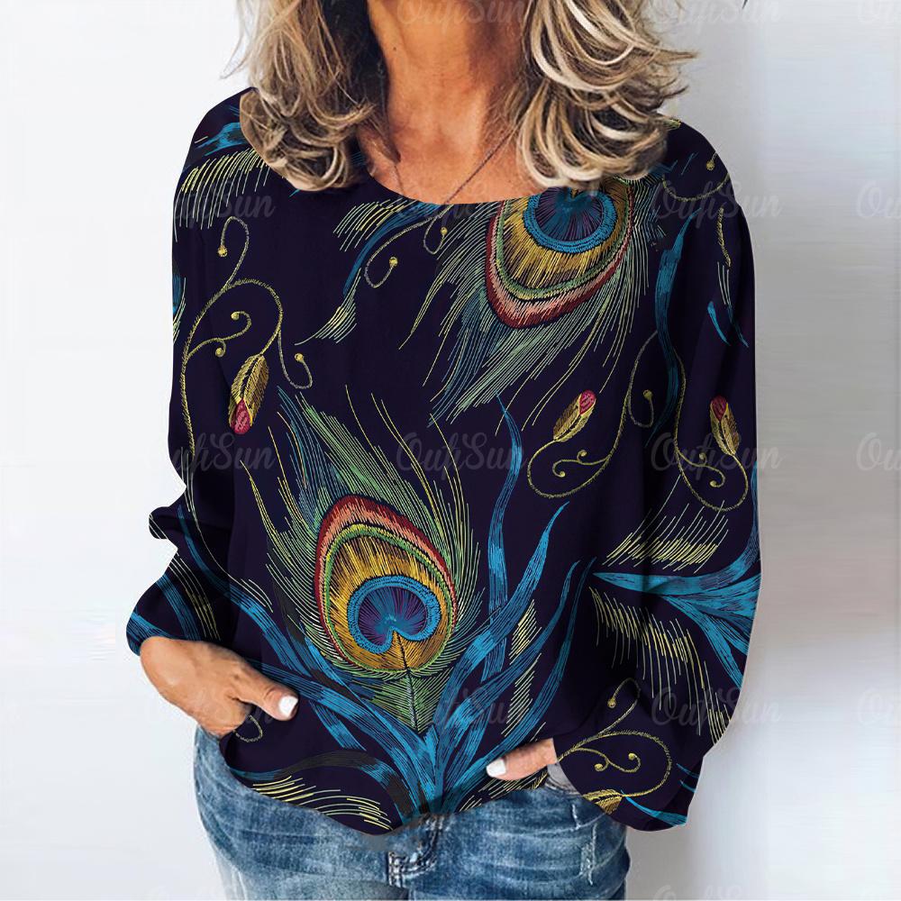 Summer O Neck Women T-Shirts Peacock Feather Graphic Fashion Long Sleeve Harajuku Y2k Top Oversized Casual Female Cotton T Shirt