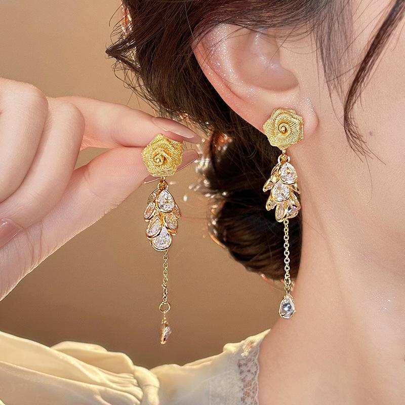 French Golden Lace Rose Tassel Zirconia Earrings - Elegant, Retro, and Versatile
