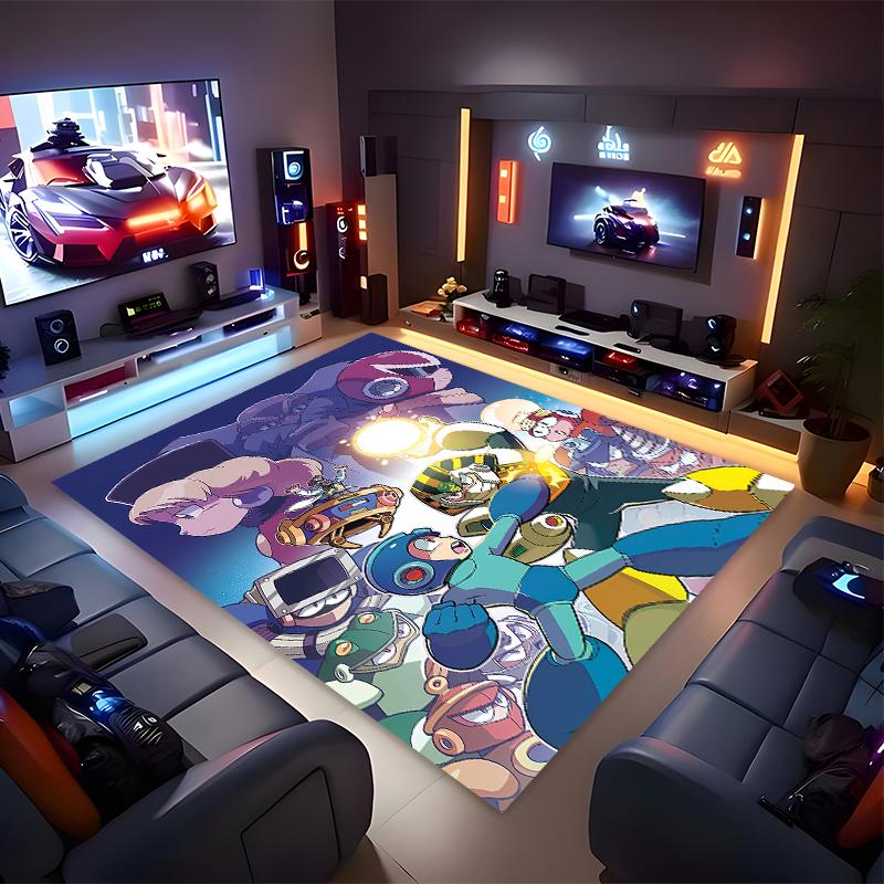 1pc Cartoon Rockman Game Megaman1 Print Area Rug - Soft, Washable Non-Slip Indoor Mat for Office Chairs, Living Room, Home Office Decorative Rug