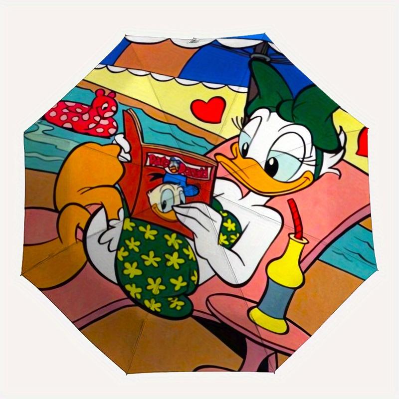 Margarida Duck Reading Book Beach Automatic Folding Umbrella - 3 Folding Design, Vivid Cartoon Pattern, Suitable for Outdoor Activities, A G