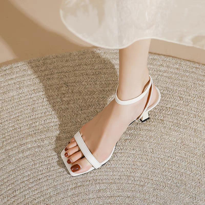 NEW Ankle Strap High Heeled Sandals Women Fashion Pu Leather Square Toe Sandles Woman Summer Buckle Party Pumps Shoes Female