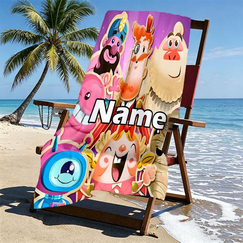 Custom Name Personalized Candy Crush Saga Print Beach Towel, for Trip Camping Beach Party Home Decor, Birthday Gift for Family & Friends