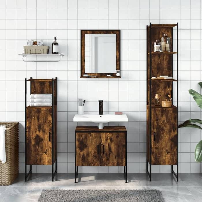 VidaXL Ensemble d'Armoires de Salle de Bain 4 pcs, Meuble-lavabo avec Étagère et Miroir, Armoire de Rangement de Toilette, 3214356