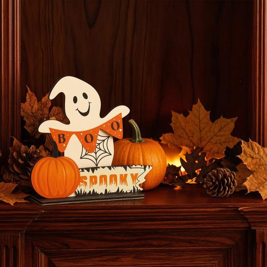 Cute Ghost Wooden Table Sign, Rustic Halloween Tiered Tray Centerpiece, Small White Ghost Sign for Party, Home, Shelf Decor