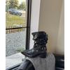 Black pleated western cowboy short boots women's 2025 new spring and autumn single boots V-mouth rivets pointed thick heel Martin boots