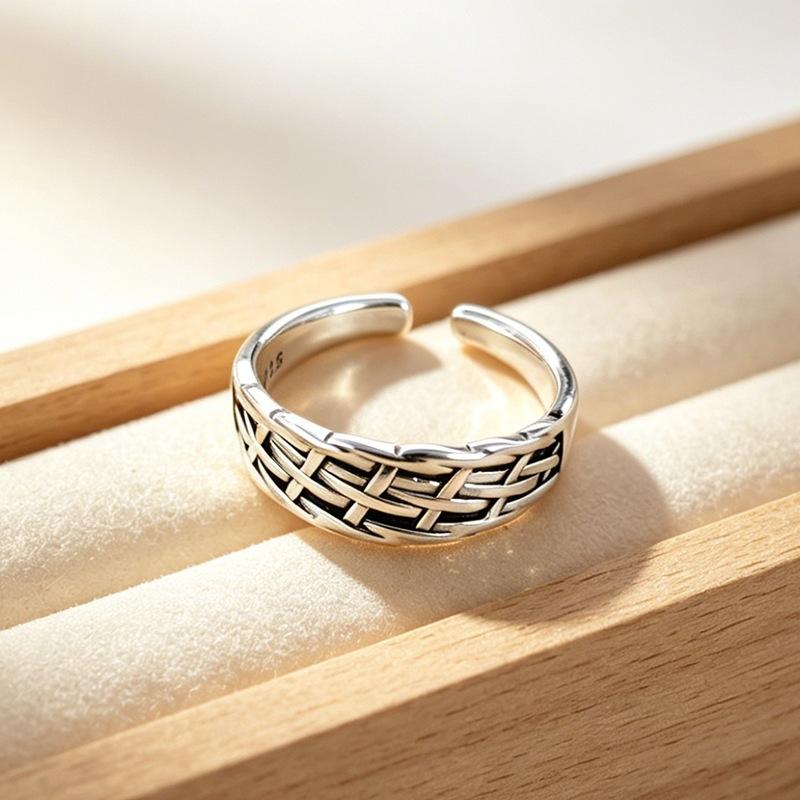 Retro Style 925 Sterling Silver Jewelry Distressed Wide Face Personalized Woven Chain Opening Rings 02890