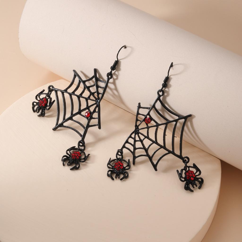 Exaggerated Halloween Spider Web Hook Earrings Punk Style Red Rhinestone Earrings New Trendy Jewelry For Women