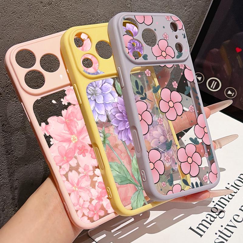 Cartoon Flowers Print Case For iPhone 17 Pro Max For iPhone 16 15 14 13 Pro Max Luxury Hybrid TPU+PC Clear Back Hard Cover