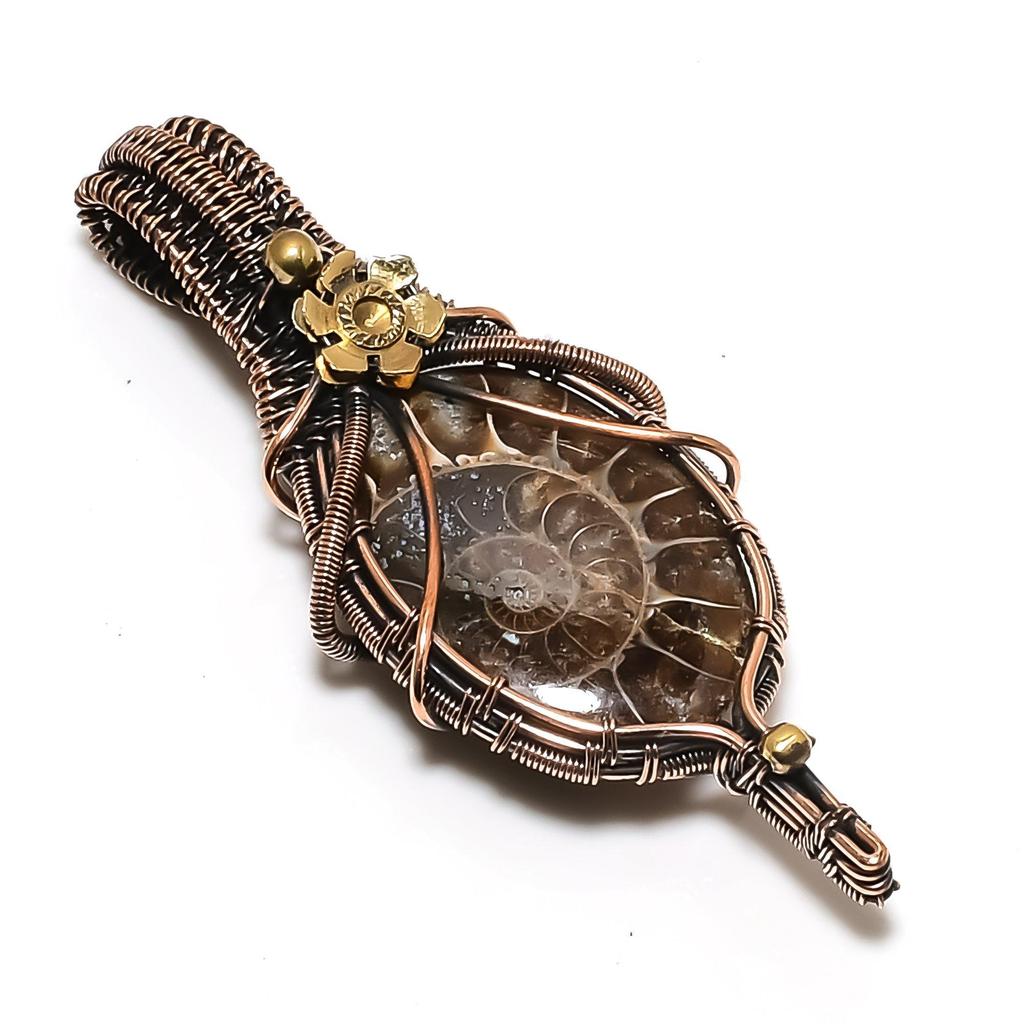 Ammonit Fossil 999 Kupferdraht umwickelter Anhänger, Handgefertigter Edelstein Schmuckanhänger für den Gedenktag