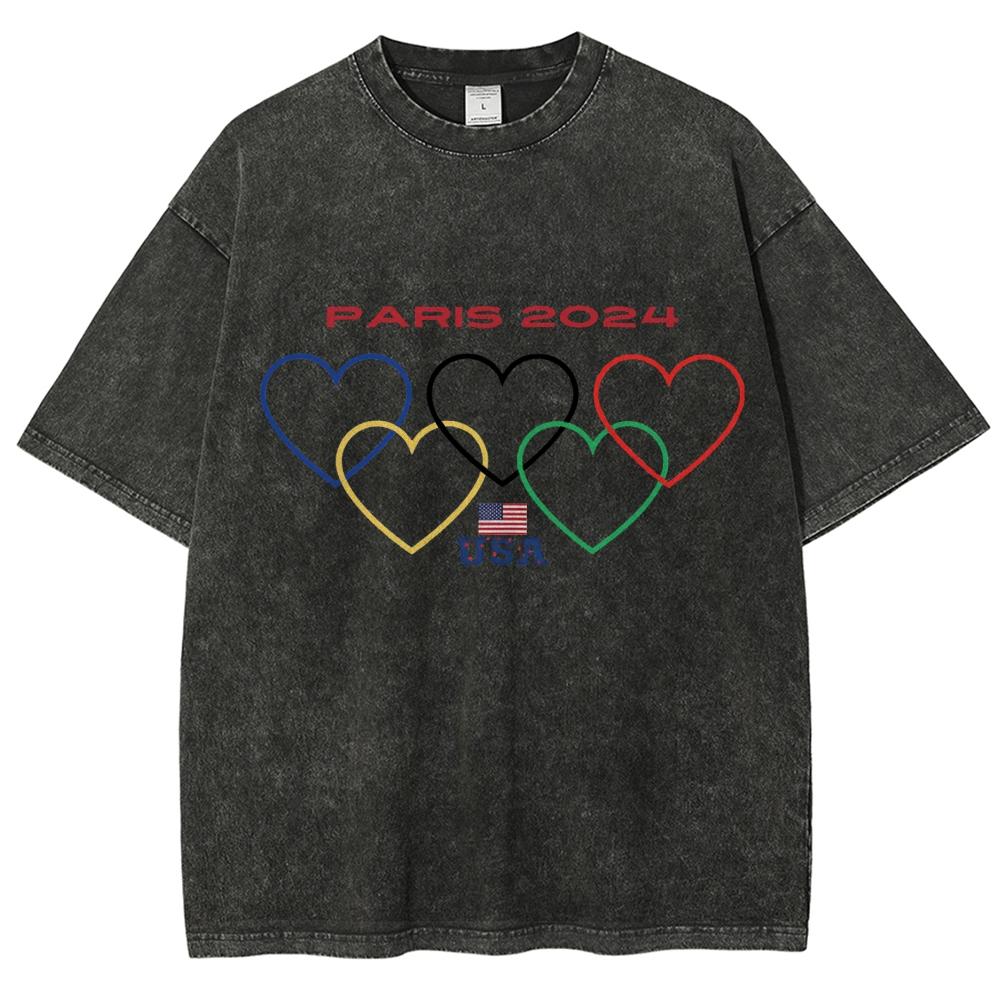 Five Colorful Hearts Print Women's T-Shirts Loose Wash Oversized Short Sleeve Trendy Brand Street  Tops