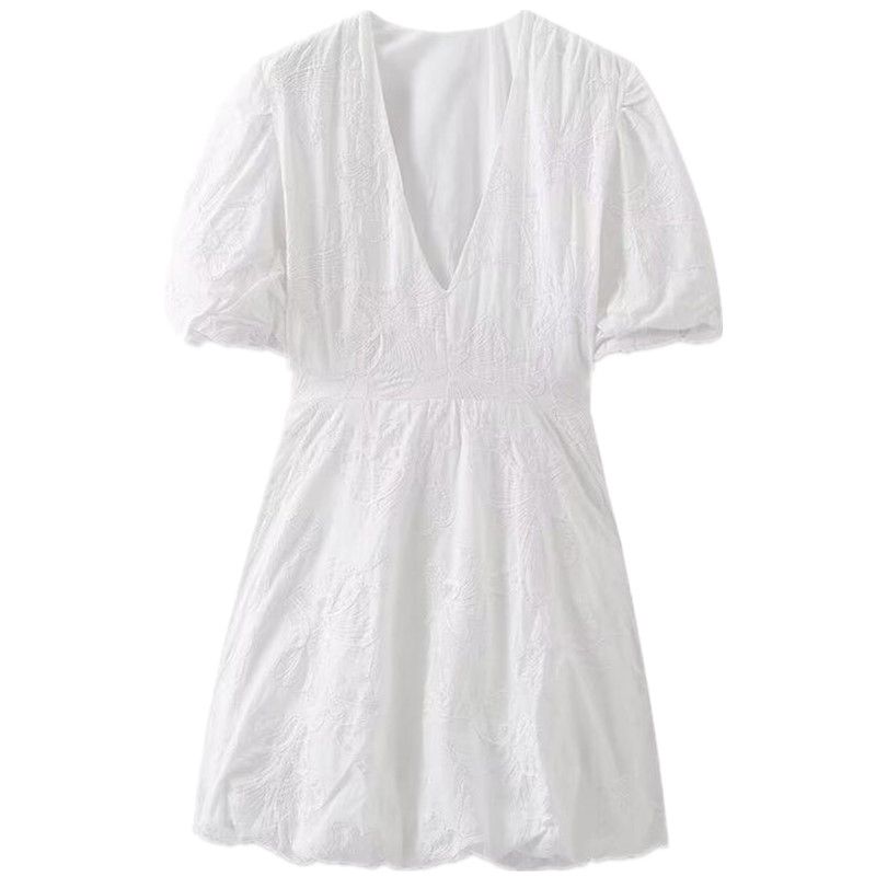Fashion Style 2024 Summer New Arrival Women's V-neck Puff Sleeve Waist-Tight Slimming Embroidered Fluffy Dress 2731076