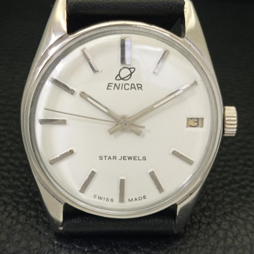 VINTAGE ENICAR STAR JEWELS HAND-WINDING SWISS MENS WHITE DIAL WATCH A702036-5 R208-a702036