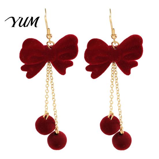 Festive New Year Party Accessories 1 Pair Velvet Bow Earrings for Women, Red Christmas Bowknot Dangle Drop Charming Holiday Jewelry with Ball