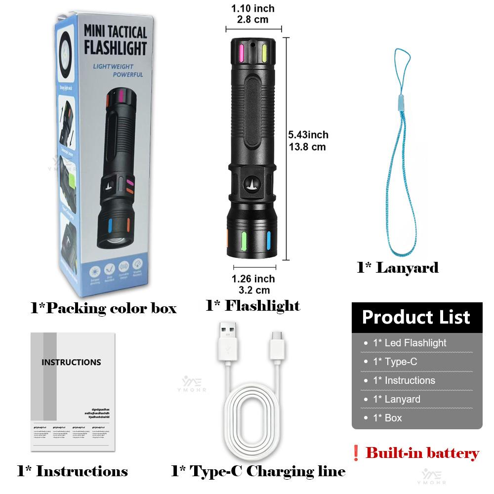 White Laser High Power Flashlight USB C Rechargeable Flashlight 18650 EDC Torch Lamp with Side Lights Work Light Camping Lantern