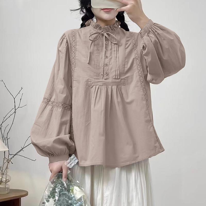 

ZANZEA Жіночі Весняні Сорочки з мереживом у смужку з коміром-стійкою та довгими рукавами-ліхтариками L світло-фіолетового кольору