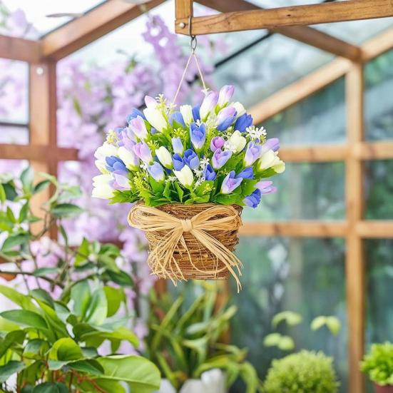 Spring Tulip Door Hanger Basket Wreath for Front Door Artificial Tulip Hanging Floral Wreath with Woven Basket And Bow