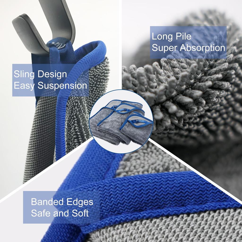 SHSCLY Microfiber Car Wash and Super Absorbent Dryer Thick Twisted for Wiping Away Drips with Blue 1 Piece Towels, Large, Medium, Small, 3-Piece Set,