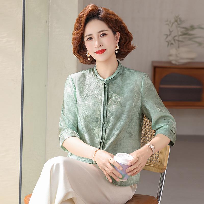 

Summer New Chinese Style Round Neck Mid-Sleeve Chiffon Cardigan for Middle-Aged and Elderly Women 2XL (recommended for 55-60 kg) зелений