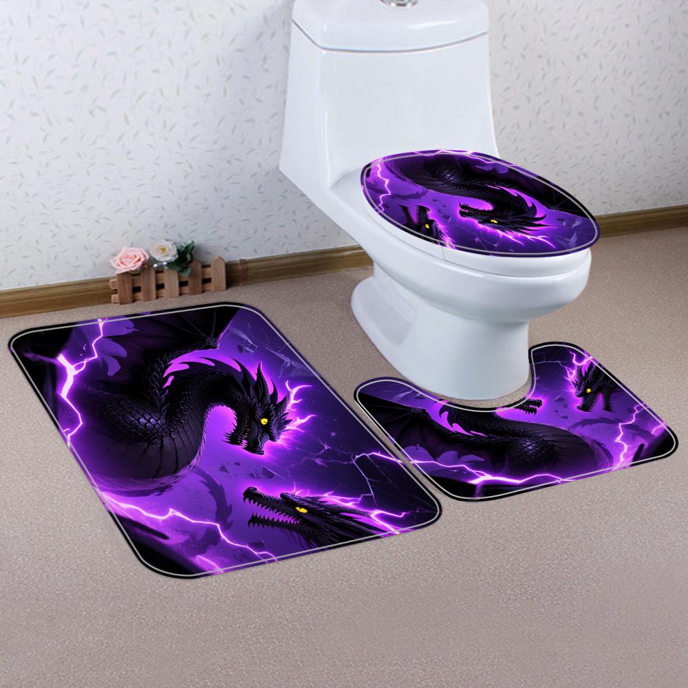 1/4 Duschvorhänge mit doppeltem Drachenkopf-Druck, Toilettensitzdekoration, Duschvorhang mit Teppich und Toilettendeckel, 70,8x70,8 Zoll
