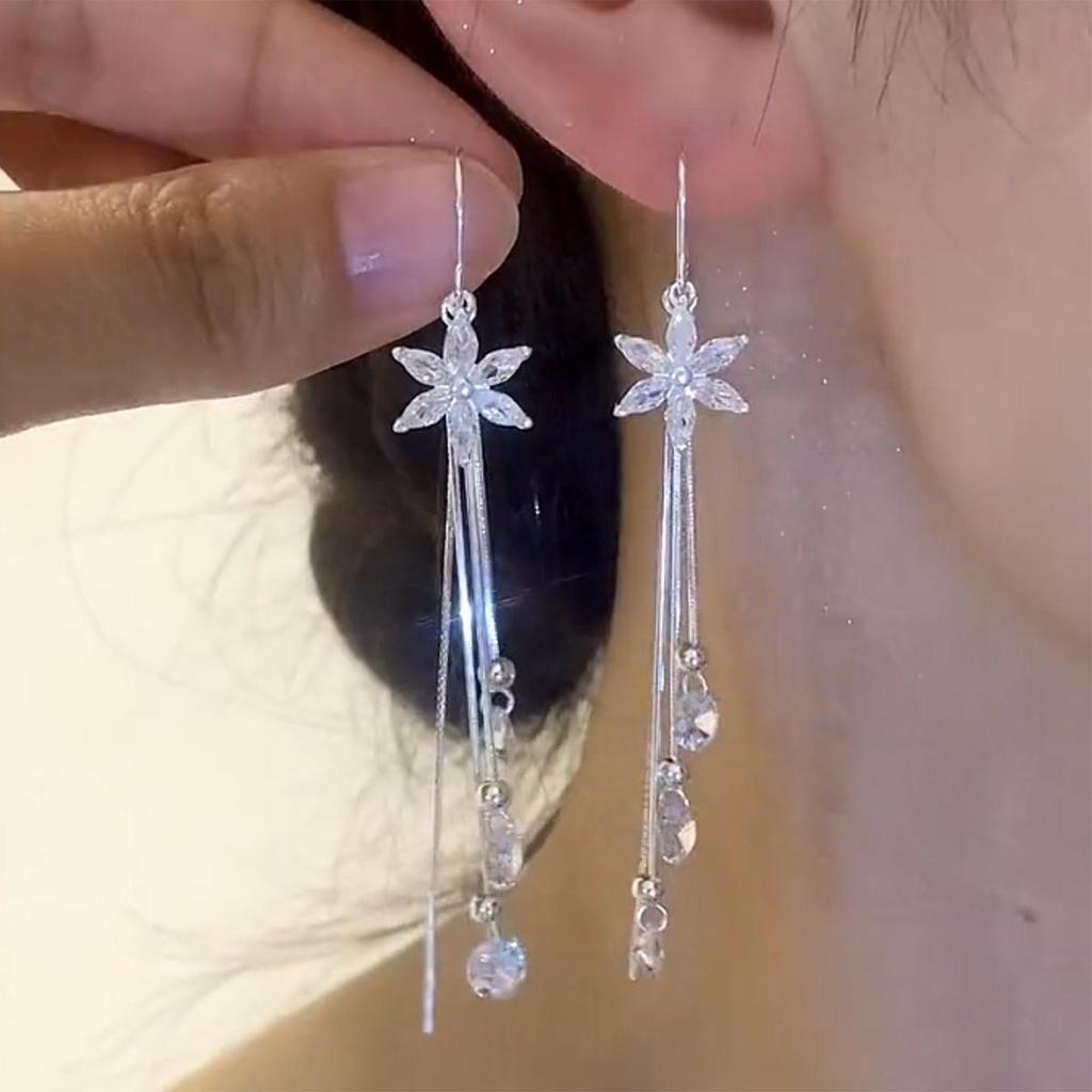 Exquisite Zircon Flower Long Tassel Earrings - Elegant and Versatile Accessories for Women
