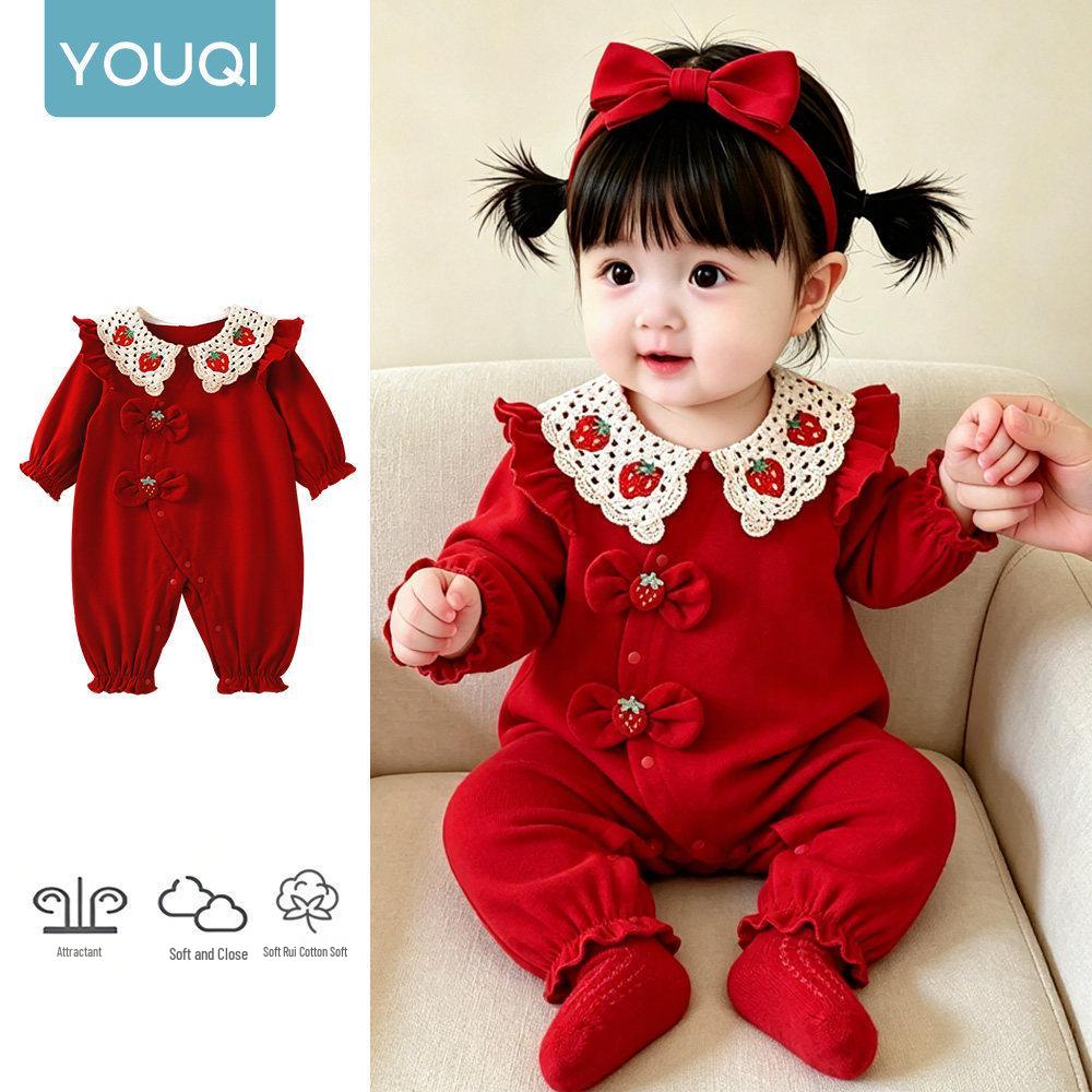 Youqi Infant Red Romper: Full Moon, 100 Days, First Birthday Formal Wear - Long Sleeve Autumn Jumpsuit