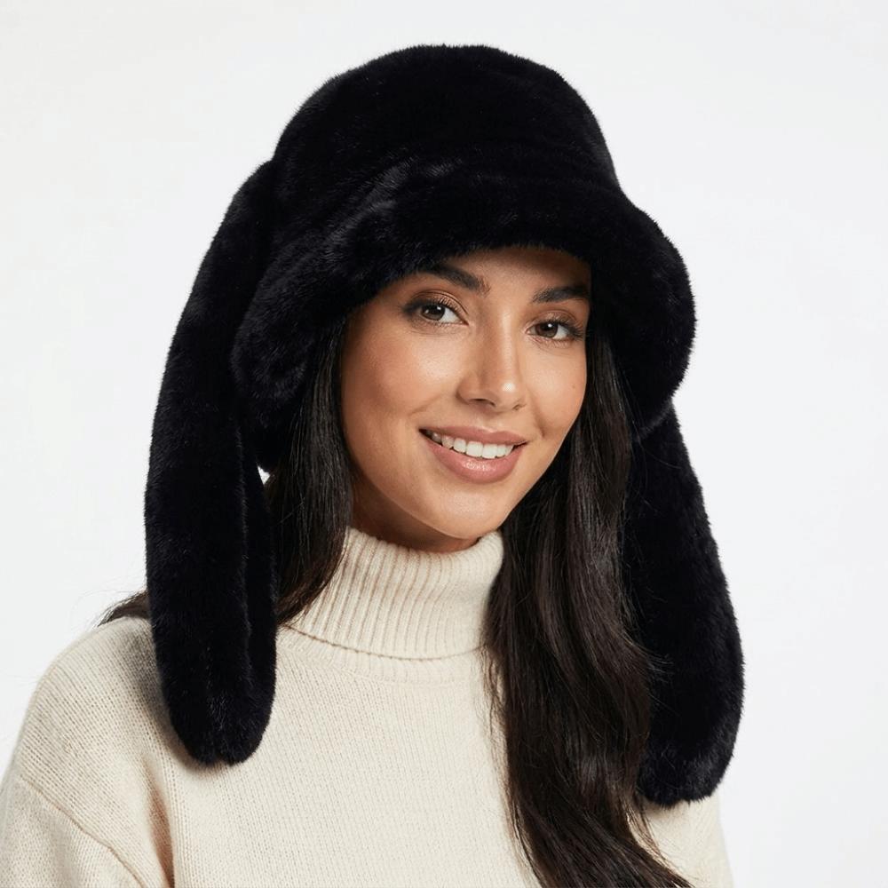 Solid Color Rabbit Ear Bucket Hat Winter Warm Pullover Hat Kawaii Fisherman Hat  For Women