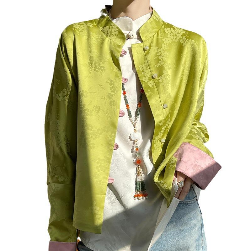 Women's Retro Satin Mandarin Collar Cardigan - Loose Fit, Light National Style Tang Jacket
