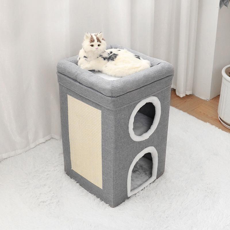 Luxury Cat Tree Bed with Scratching Post - Dual-Level 4-Season Pet Furniture, Organic Bamboo Base & Orthopedic Cushion