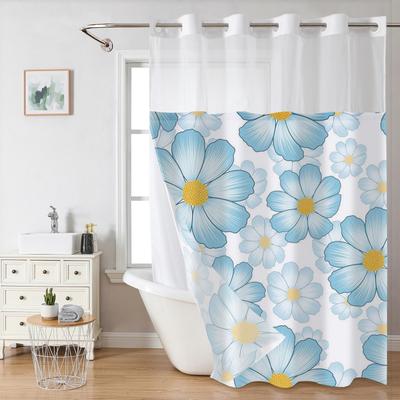 No Hook Blue Flower Pattern Shower Curtain With Snap-in Fabric Liner, Sheer Top Window, Waterproof Double Layer Bathtub Curtain