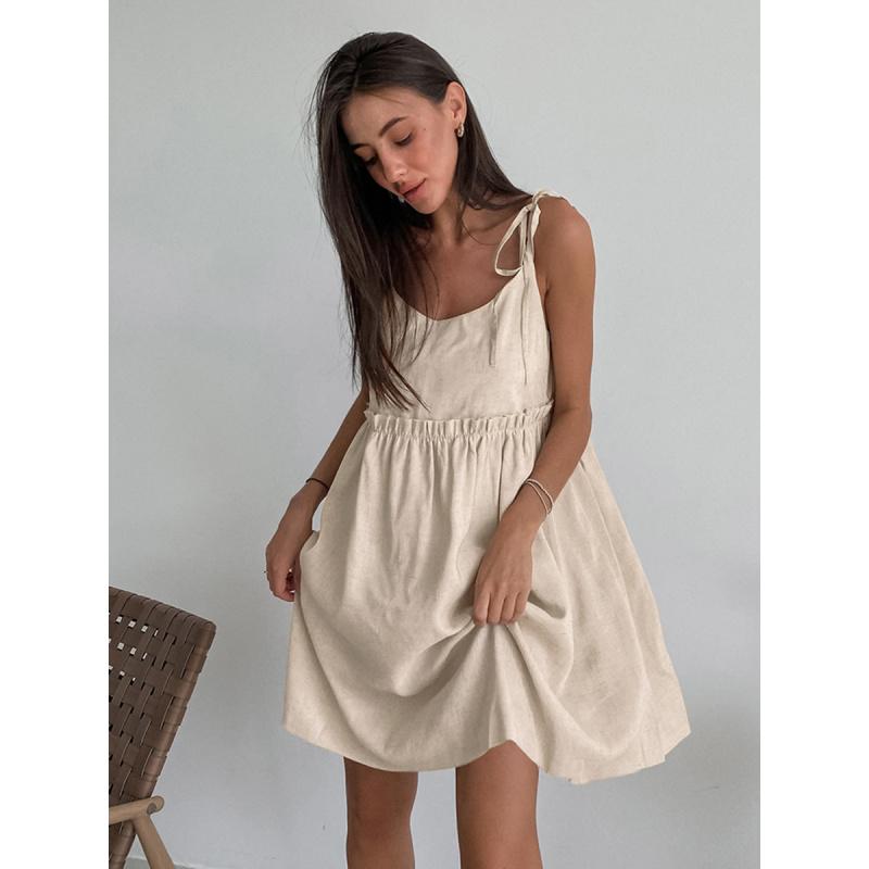 Brown Cotton-Linen Dress For Women Summer Holiday Style Loose-Fitting Suspender Dress A-Line Skirt