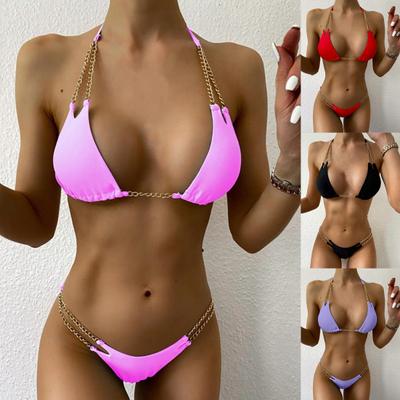 Kadın Metal Zincir Bağlama Halter Sütyen Mayo Bikini Üçgen İç Yüzme için Set