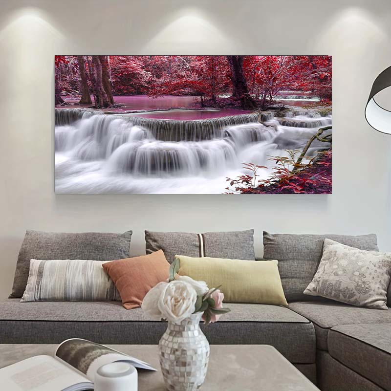 Landscape Natural Waterfall Canvas Painting Green Tree Forest Posters and Prints Wall Art Living Room Home Decor No Frame