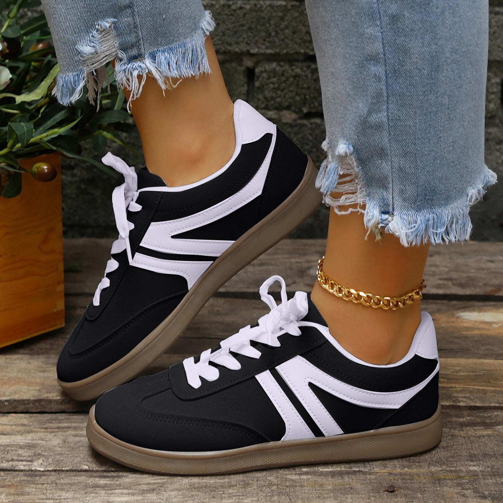 Women Casual Flat Shoes Women S Round Toe Retro Color Block Casual Shoes Fashionable Casual Flat Sports Casual TêNis Feminino 36 чёрный