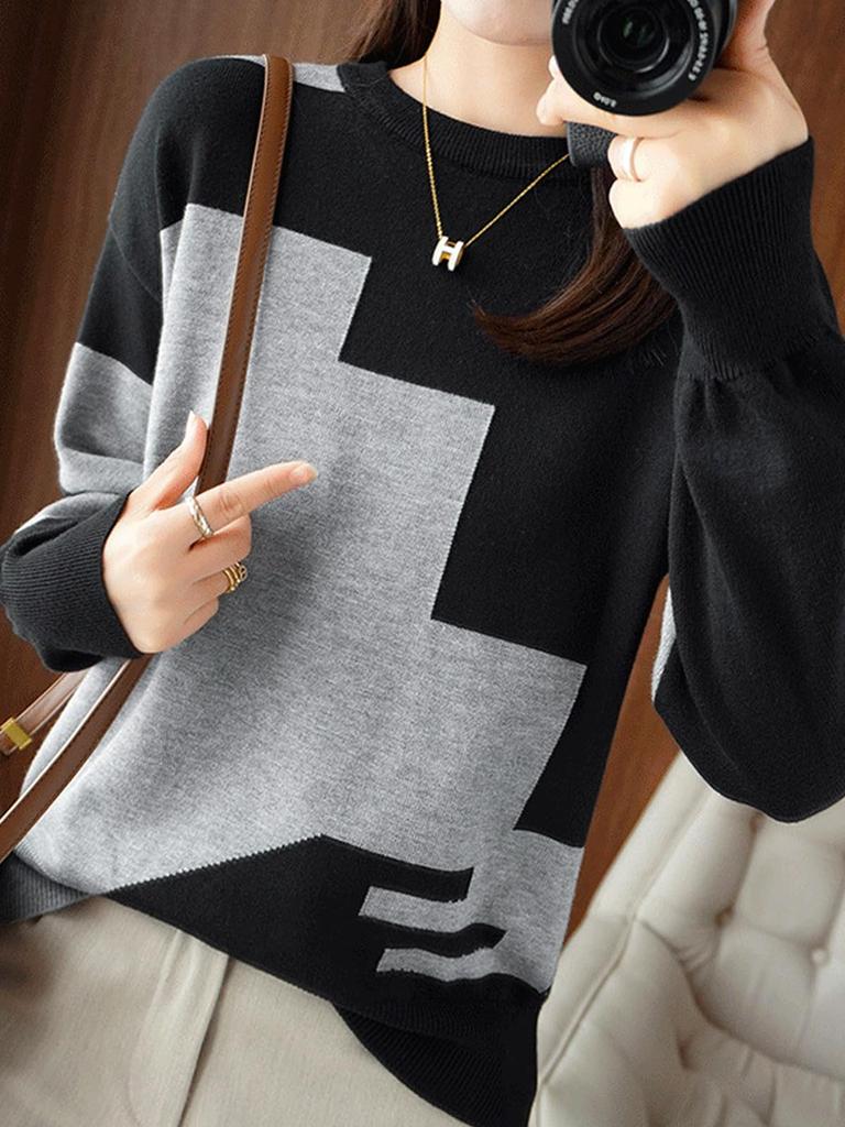Doors Knit Top with Paneled Round Long Office Loose Long and Panels, Neck, Sleeves, Fall/Winter Pullover, Workwear, Wear, Fit, Comfortable, Sleeves,