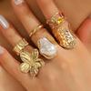 6pcs Ingemark  Irregular Exaggerated Metal Flower Open Rings Women Elegant Baroque Imitation Ring Jewelry Accessories