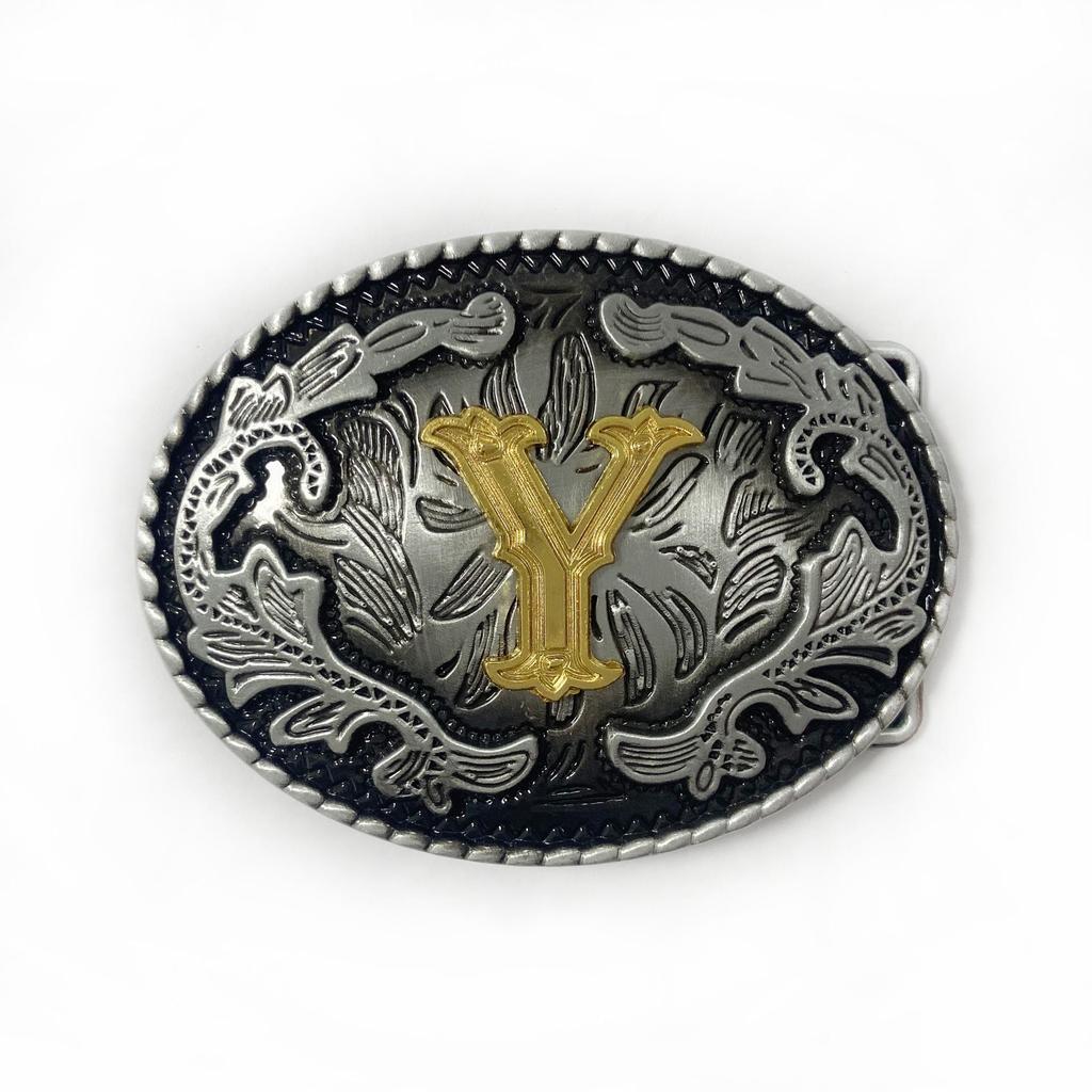 Western Cowboy Ethnic-Style Oval Belt Buckle - English Letters & Tang Grass Pattern Alloy