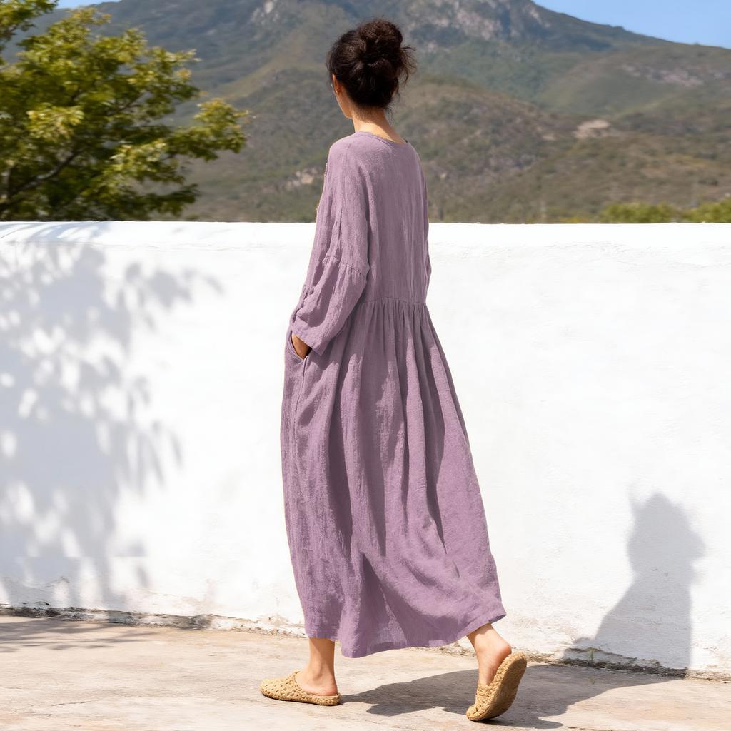 Johnature Women Vintage Dress Spring Chinese Style Solid Color V-Neck Long Sleeve Robes Patchwork Dresses