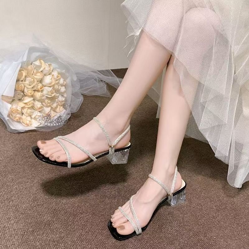 High-heeled Sandals New Two Wear Crystal Thick-heeled Rhinestones Fairy Style Fashion One-word Belt