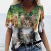 Summer V-neck 3D Kawaii Cat Printed Top Fashionable Casual Short Sleeved Women's T-shirts