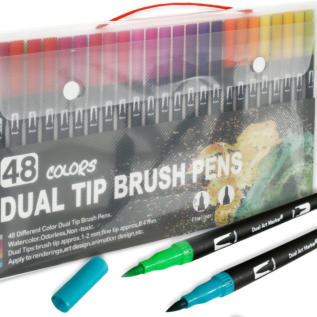 48 Pcs Double Brush Marker Pens with Portable Box 48 Colors Art Markers Set Fine and Brush Double Tip Markers Set Art Supplies