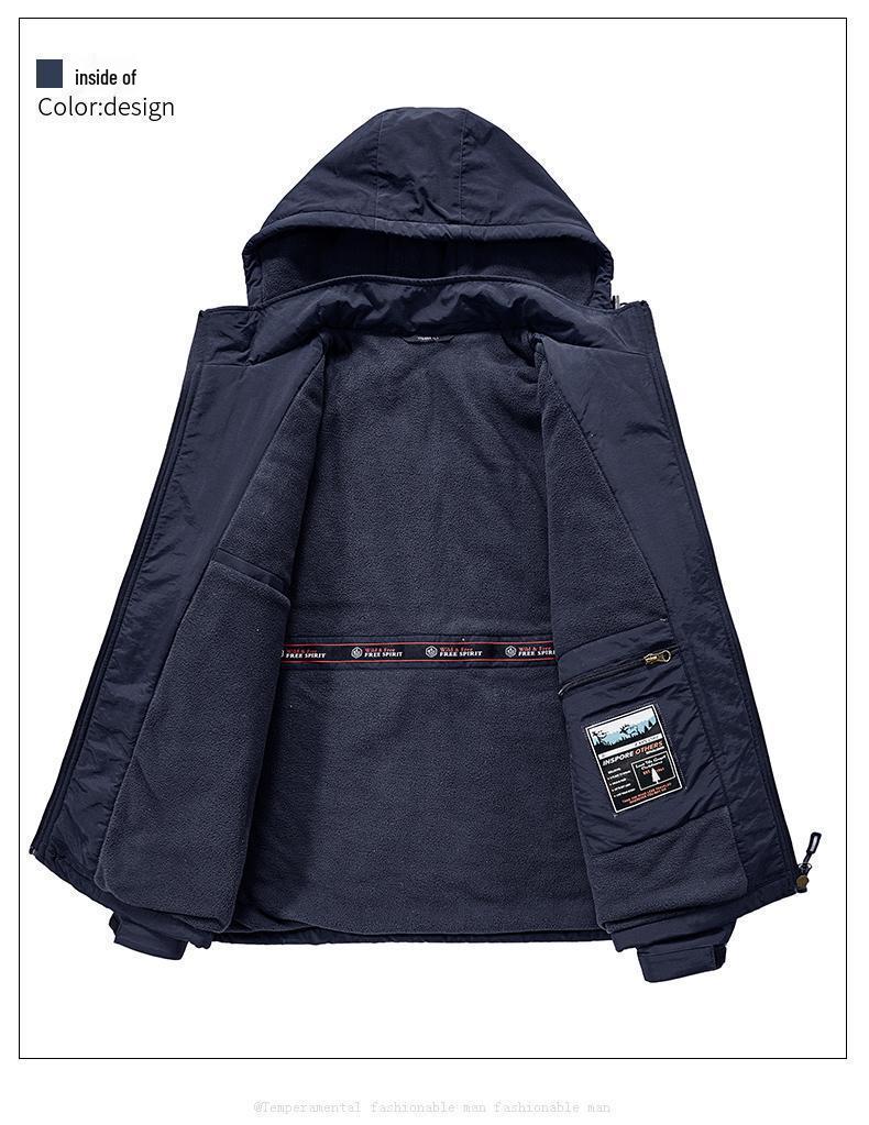 Męska wiatroszczelna kurtka górska z aksamitną podszewką – Pogrubiony zimowy płaszcz bawełniany