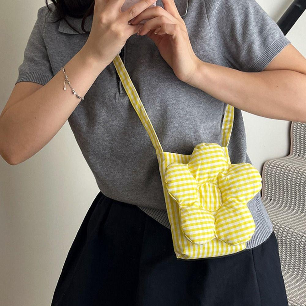 Cloth Plaid Flower Crossbody Bag Cute Ins Messenger Bag Casual Large Capacity Shoulder Bag Outdoor
