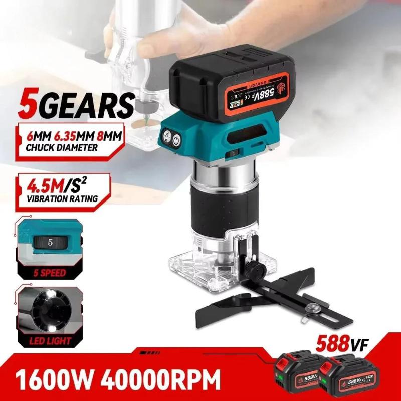 1600W 5 Speeds Portable Woodworking Engraving Slotting Power Tool Brushless Electric Hand Trimmer Cordless Wood Router