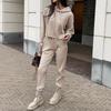 Women Autumn Winter Solid Color Loose Knitted Sweatshirt Suit Casual Long Sleeved Striped Hoodie Long Straight Leg Pants Two-piece Set