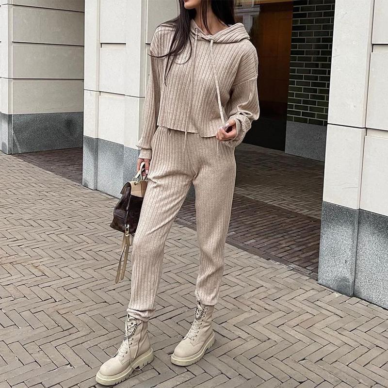 Women Autumn Winter Solid Color Loose Knitted Sweatshirt Suit Casual Long Sleeved Striped Hoodie Long Straight Leg Pants Two-piece Set