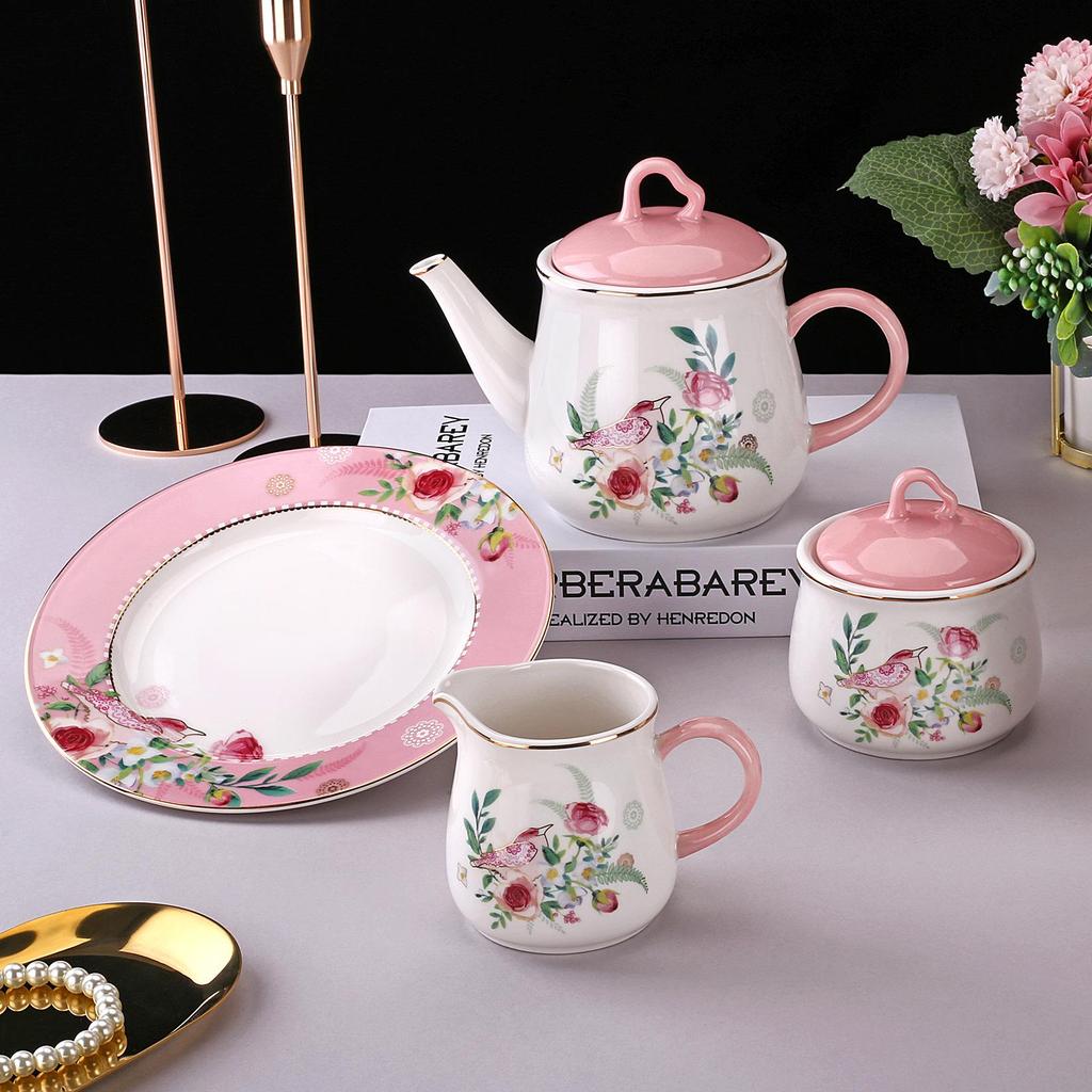 Farorui Shi Korean Afternoon Tea Set: Mug, Coffee Cup, Western Dinner Plate, Teapot, Sugar & Creamer, Small Bird Design.